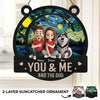 Happiness Is You, Me And The Dog - Couple Personalized Window Hanging Suncatcher - Gift For Husband Wife, Anniversary, Pet Owners, Pet Lovers