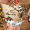 Custom Circle Glass Ornament - Personalized Anniversary Christmas Wedding Gifts For Husband And Wife, Him And Her - Our Forever Starts With Twinkling Lights