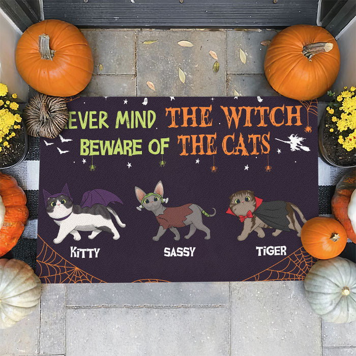 Never Mind The Witch, Beware Of The Cats - Personalized Decorative Mat, Halloween Ideas