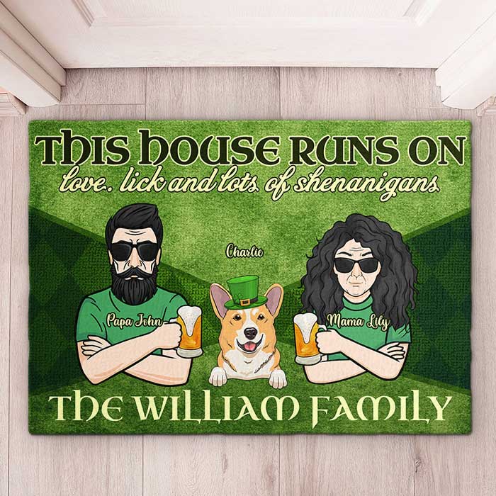 This House Runs On Love, Lick And Lots Of Shenanigans - Gift For Couples, Husband Wife, St. Patrick's Day - Personalized Decorative Mat