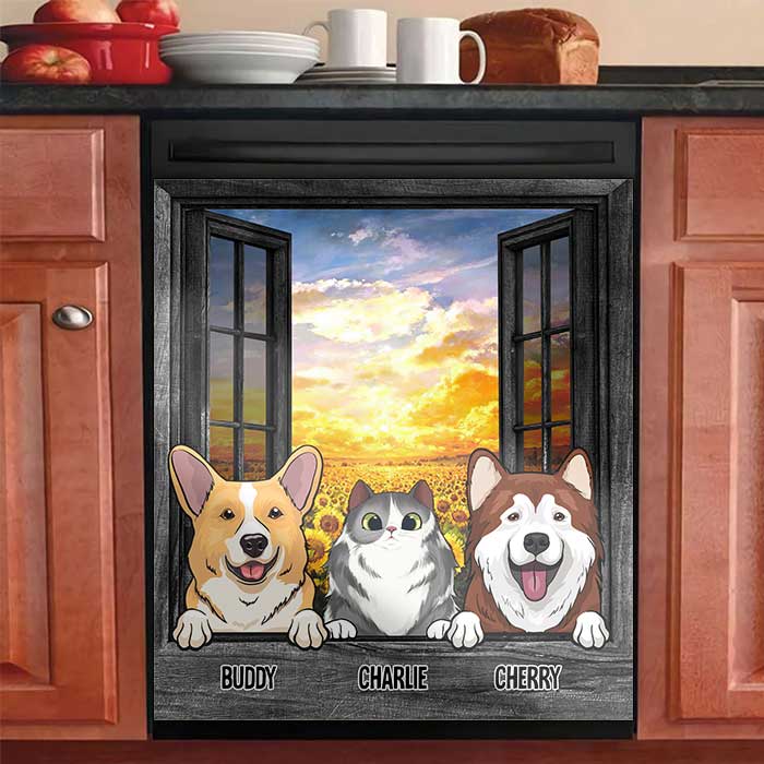 Dogs And Cats By The Windows In The Kitchen - Personalized Dishwasher Cover