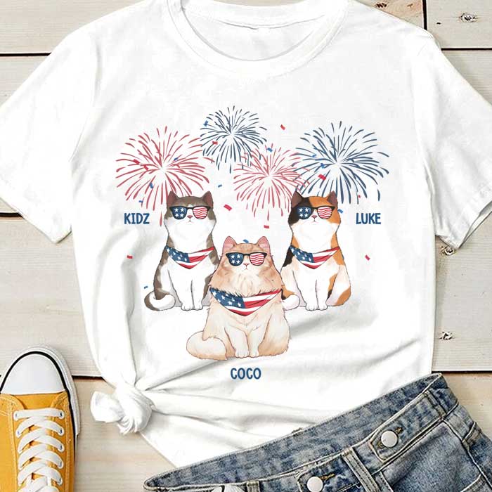 Independence Day Firework Cats - Gift For 4th Of July - Personalized Unisex T-Shirt