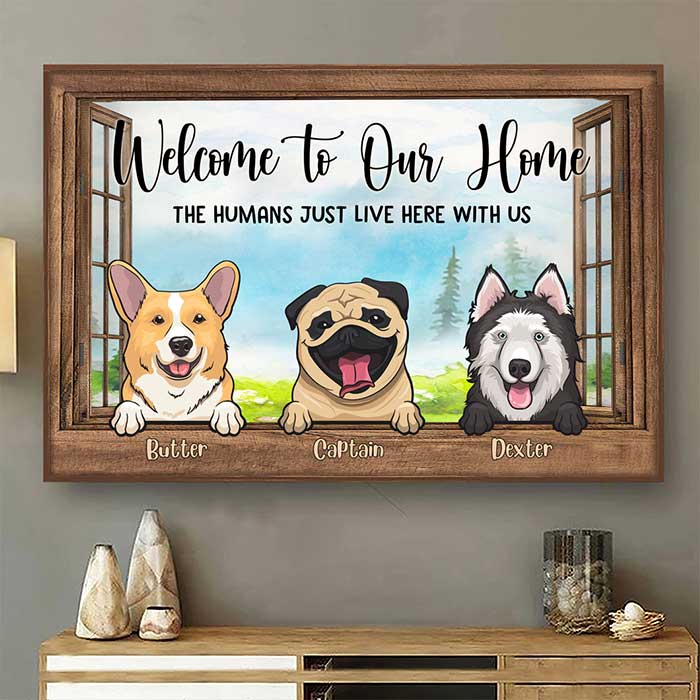 Dogs By The Windows Welcome To Our Home - Personalized Horizontal Poster