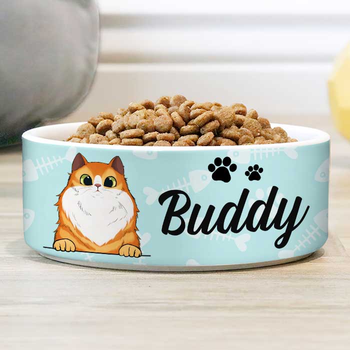 Pastel Blue, Gift For Cat Lovers - Personalized Custom Ceramic Cat Bowls