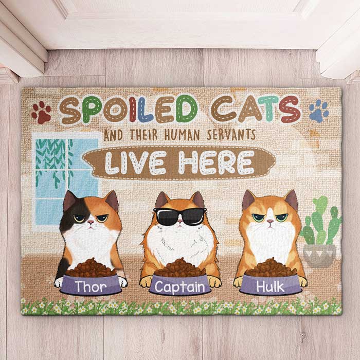 Spoiled Cats And Their Human Servants Live Here - Funny Personalized Decorative Mat