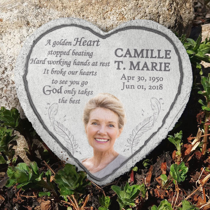 A Golden Heart Stopped Beating Hard Working Hands At Rest - Personalized Memorial Stone, Human Grave Marker - Upload Image, Memorial Gift, Sympathy Gift