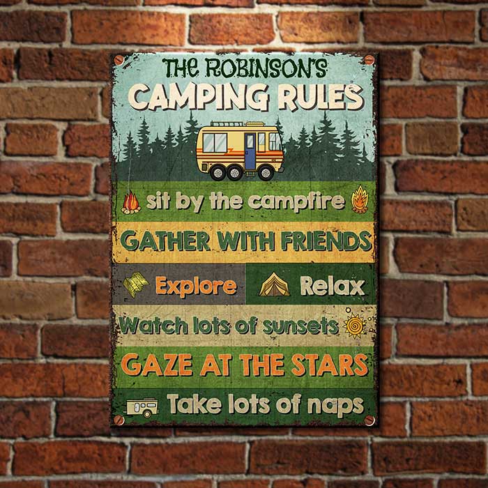Camping Rules - Sit By The Campfire - Personalized Metal Sign