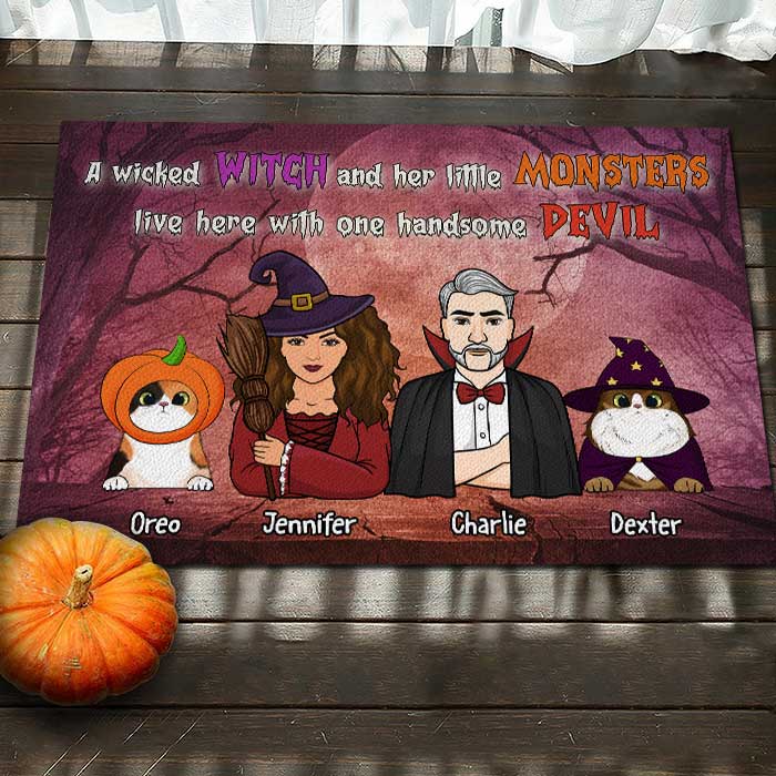 A Wicked Witch And Her Little Monsters Live Here With One Handsome Devil  - Personalized Decorative Mat, Halloween Ideas.
