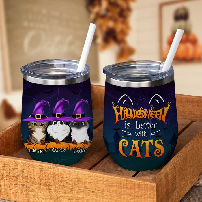 Life Is Better With Cats Halloween - Personalized Wine Tumbler