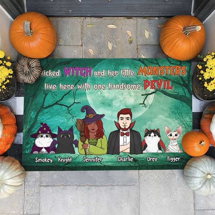 A Wicked Witch And Her Little Monsters Live Here With One Handsome Devil  - Personalized Decorative Mat, Halloween Ideas.