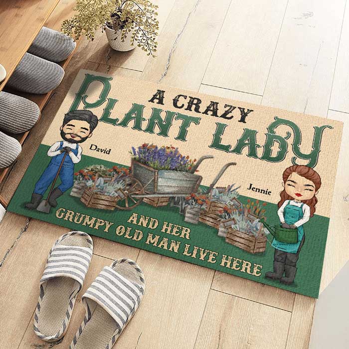 A Crazy Plant Lady And Her Grumpy Old Man Live Here - Gift For Couples, Husband Wife, Personalized Decorative Mat