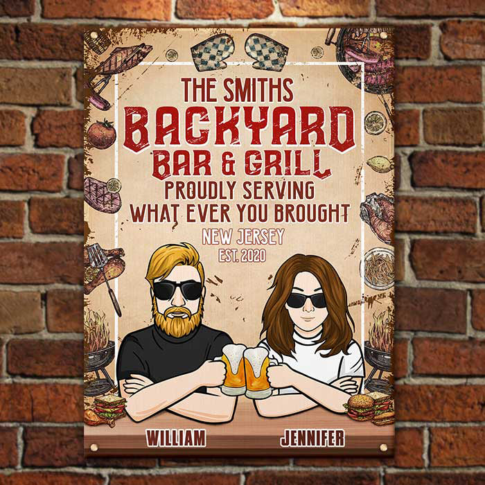 Family Backyard Bar And Grill - Gift For Couples, Husband Wife, Personalized Metal Sign