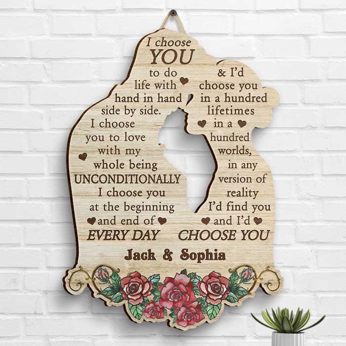I'd Choose You In A Hundred Lifetimes - Gift For Couples, Husband Wife, Personalized Shaped Wood Sign
