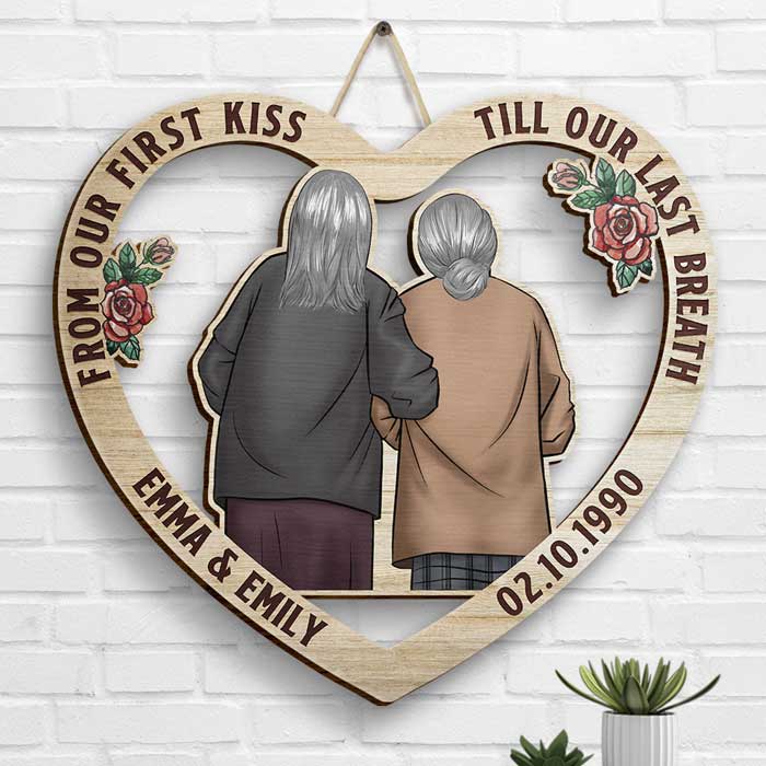Couple Hugging From Our First Kiss Till Our Last Breath - Gift For Couples, Husband Wife, Personalized Shaped Wood Sign