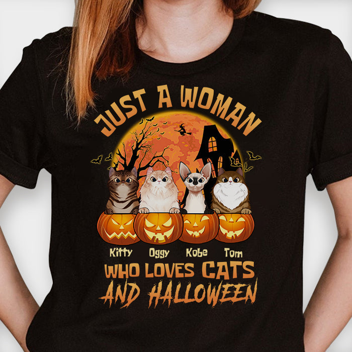 Just A Woman Who Loves Cats And Halloween  - Personalized Unisex T-Shirt