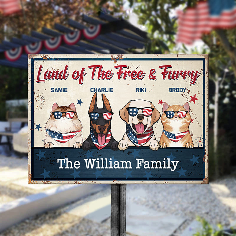 Land Of The Free And Furry - 4th Of July Funny Personalized Pet Metal Sign (Cat & Dog)