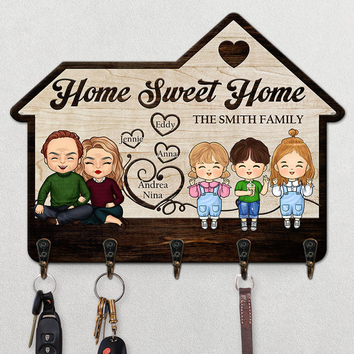 Home Sweet Home With Kids - Personalized Key Hanger, Key Holder - Gift For Couple, Husband Wife, Anniversary, Engagement, Wedding, Marriage Gift