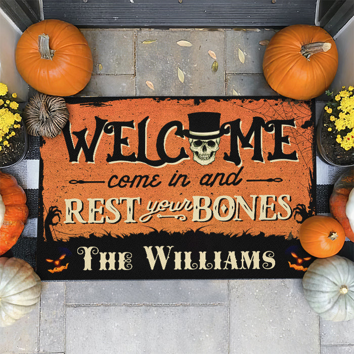 Come In And Rest Your Bones - Personalized Decorative Mat, Halloween Ideas.