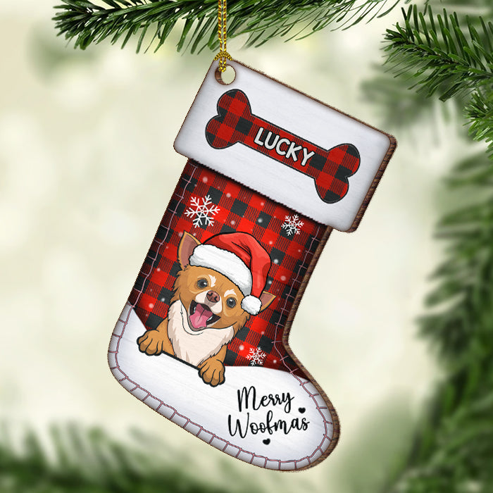 Merry Woofmas & Meowy Christmas - Christmas Dogs, Smiling Cats And Snow - Personalized Custom Stocking Shaped Wood Christmas Ornament, Customized Decoration Gift!