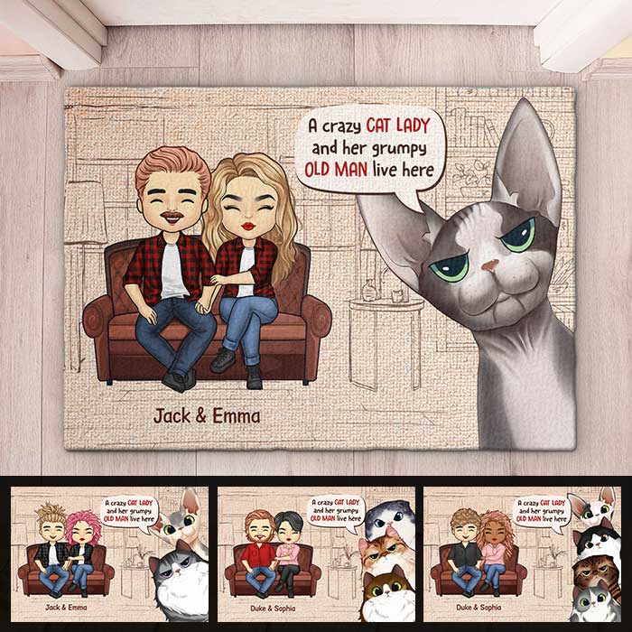 A Crazy Cat Lady And Her Grumpy Old Man Live Here - Gift For Cat Lovers, Personalized Decorative Mat