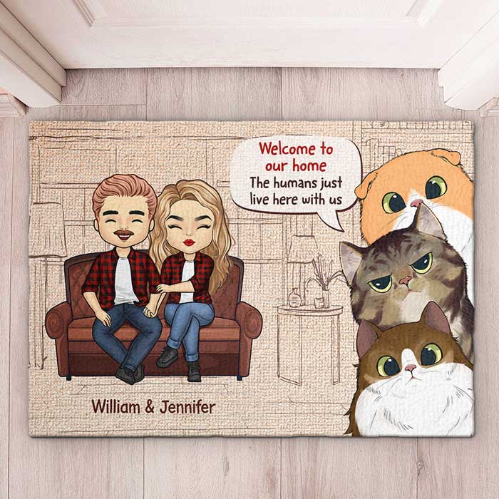 Welcome To Our Home - Couple And Cats, Gift For Cat Lovers - Personalized Decorative Mat