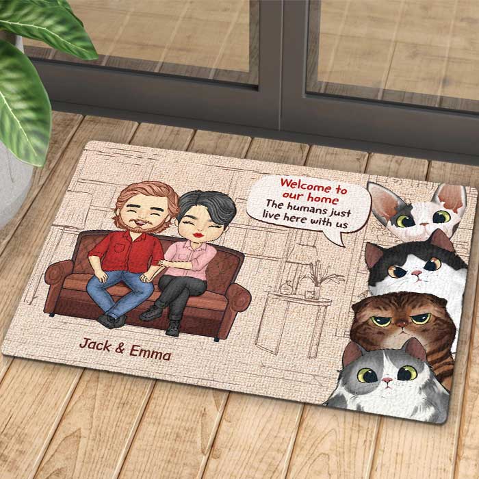 Welcome To Our Home - Couple And Cats, Gift For Cat Lovers - Personalized Decorative Mat