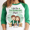 Let The Shenanigans Begin, Couple And Pets - Gift For Couples, Husband Wife, Personalized St. Patrick's Day Unisex Raglan Shirt