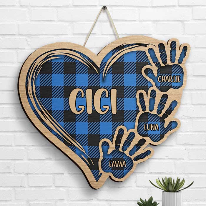 Grandma Plaid Heart And Hand Prints - Gift For Mom, Grandma - Personalized Shaped Wood Sign