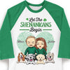 Let The Shenanigans Begin, Couple And Pets - Gift For Couples, Husband Wife, Personalized St. Patrick's Day Unisex Raglan Shirt