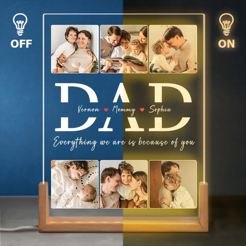 Custom Photo Everything We Are Is Because Of You - Family Personalized Custom Shaped 3D LED Walnut Night Light -  Father's Day, Birthday Gift For Dad