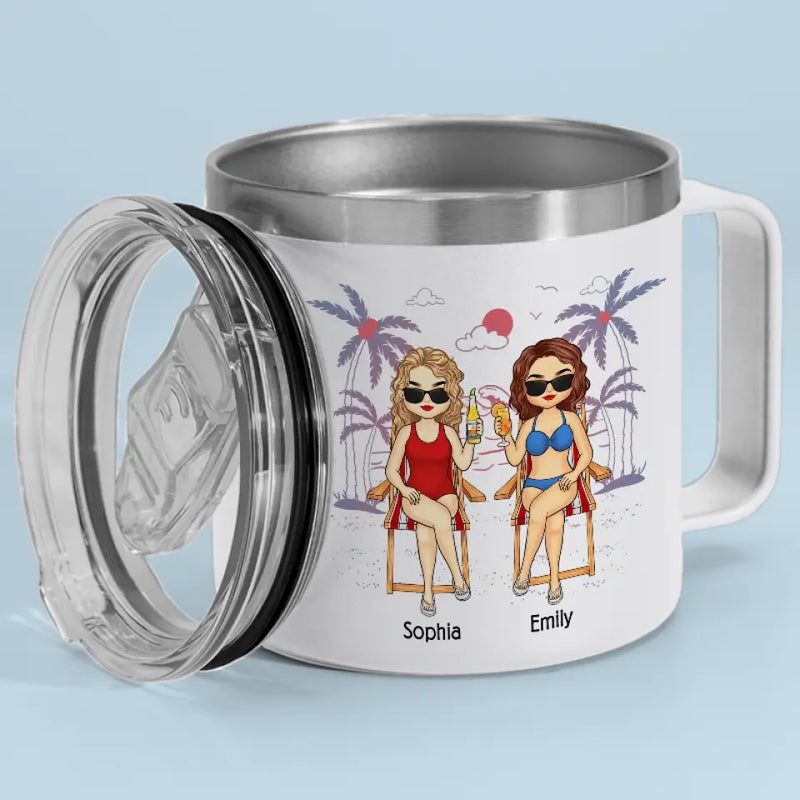 Friends, Sun, And Adorable Moments - Bestie Personalized Custom 14oz Stainless Steel Tumbler With Handle - Summer Vacation Gift For Best Friends, Sisters