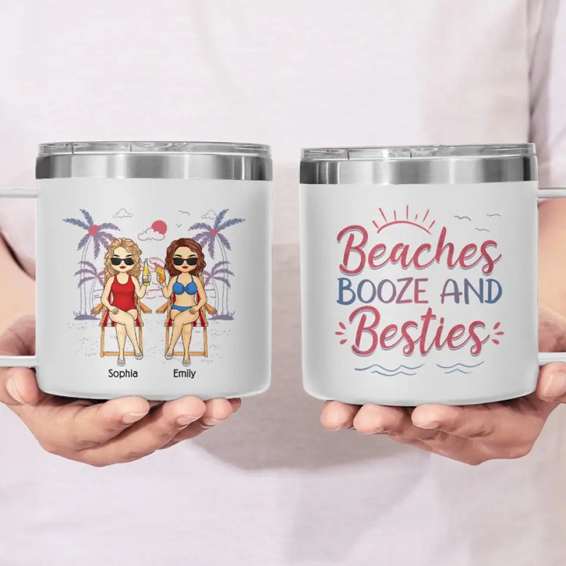 Friends, Sun, And Adorable Moments - Bestie Personalized Custom 14oz Stainless Steel Tumbler With Handle - Summer Vacation Gift For Best Friends, Sisters