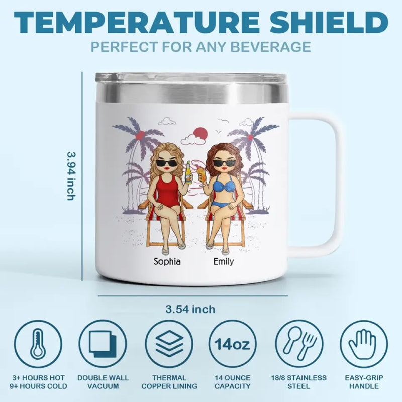 Friends, Sun, And Adorable Moments - Bestie Personalized Custom 14oz Stainless Steel Tumbler With Handle - Summer Vacation Gift For Best Friends, Sisters