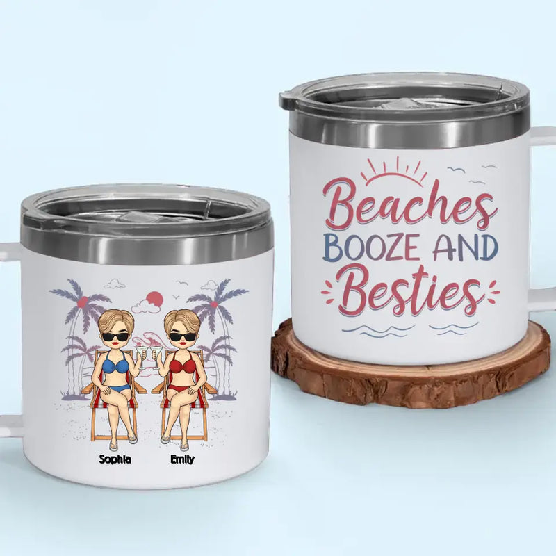 Friends, Sun, And Adorable Moments - Bestie Personalized Custom 14oz Stainless Steel Tumbler With Handle - Summer Vacation Gift For Best Friends, Sisters