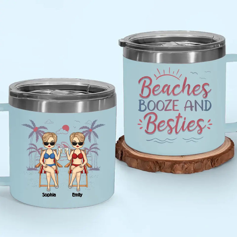 Friends, Sun, And Adorable Moments - Bestie Personalized Custom 14oz Stainless Steel Tumbler With Handle - Summer Vacation Gift For Best Friends, Sisters