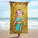 Custom Photo Running Towards The Beach And The Sun - Family Personalized Custom Beach Towel - Summer Vacation Gift, Birthday Pool Party Gift For Women