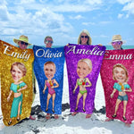 Custom Photo Running Towards The Beach And The Sun - Family Personalized Custom Beach Towel - Summer Vacation Gift, Birthday Pool Party Gift For Women