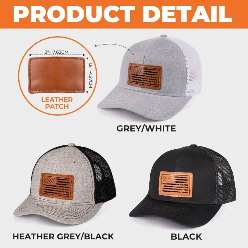 My Dad, My Hero, My Love - Family Leather Patch Hat - Gift For Dad
