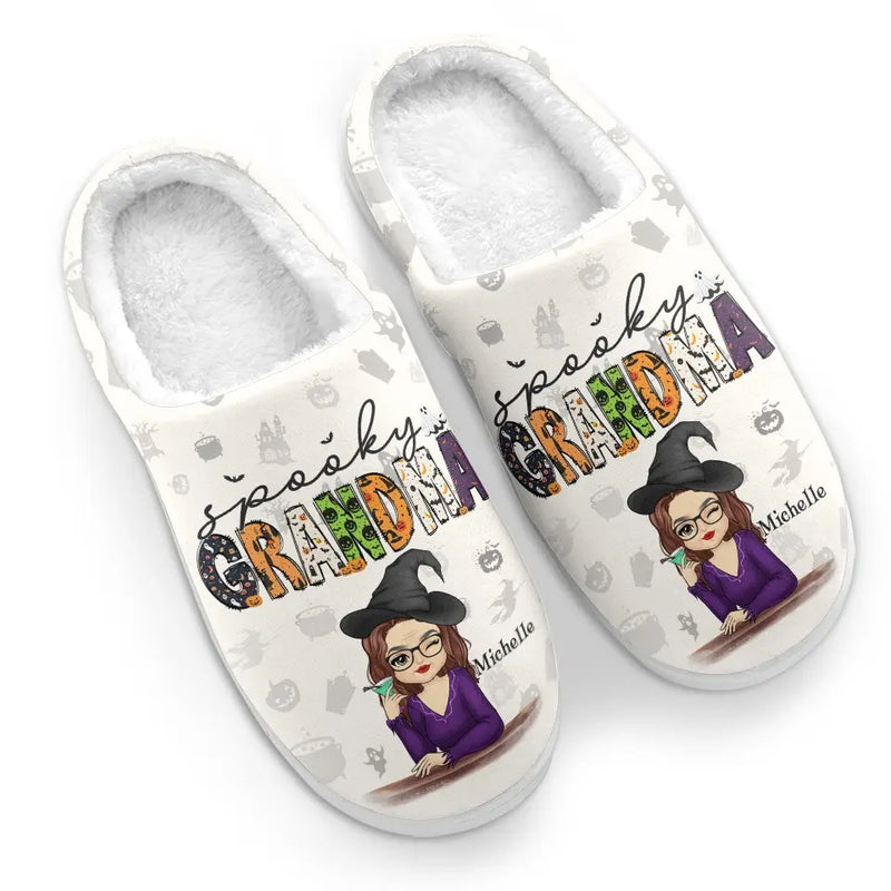 Spooky Grandma - Family Personalized Custom Fluffy Slippers - Halloween Gift For Mom, Grandma