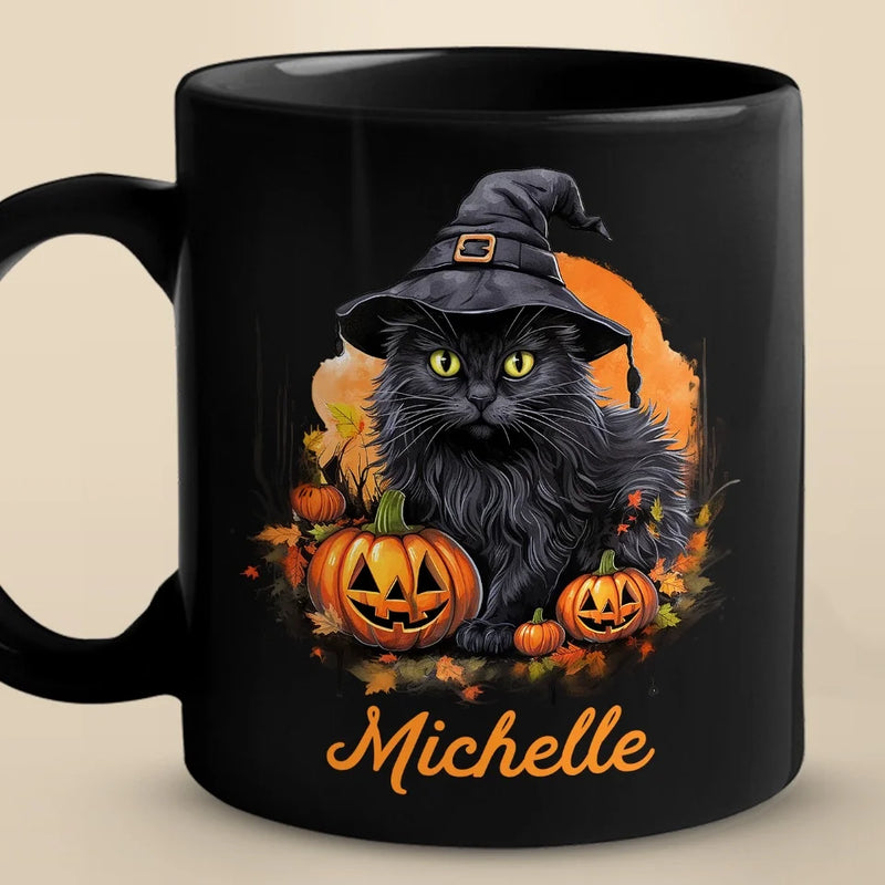Witchy Whiskers And Spooky Purrs - Cat Personalized Custom Black Mug - Halloween Gift For Pet Owners, Pet Lovers