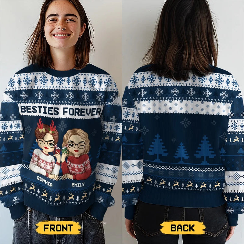 Merry Bestiemas - Bestie Personalized Custom Ugly Sweatshirt - Unisex Wool Jumper - Christmas Gift For Best Friends, BFF, Sisters