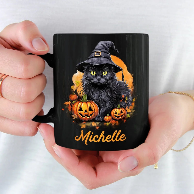 Witchy Whiskers And Spooky Purrs - Cat Personalized Custom Black Mug - Halloween Gift For Pet Owners, Pet Lovers