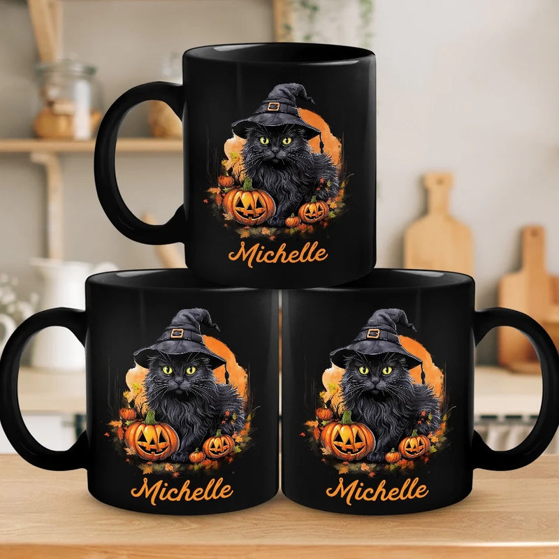 Witchy Whiskers And Spooky Purrs - Cat Personalized Custom Black Mug - Halloween Gift For Pet Owners, Pet Lovers