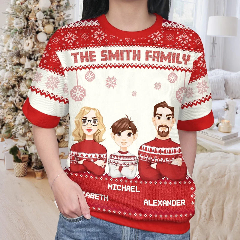 Family Love Grows Warmer At Christmas - Family Personalized Custom All Over Print Adult Short Sleeve Sweater - Christmas Gift For Family Members