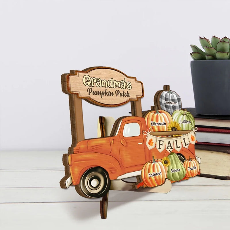 Grandma's Truck, Full Of Pumpkins And Love - Family Personalized Custom 2-Layered Wooden Plaque With Stand - Gift For Mom, Grandma