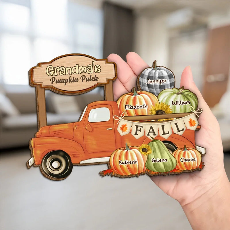 Grandma's Truck, Full Of Pumpkins And Love - Family Personalized Custom 2-Layered Wooden Plaque With Stand - Gift For Mom, Grandma