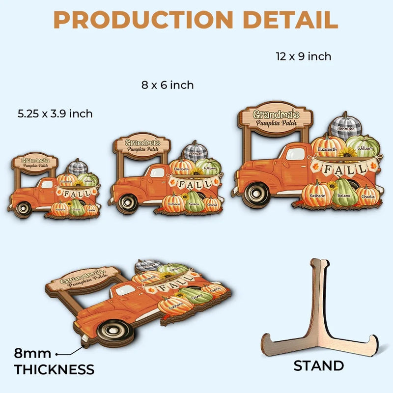 Grandma's Truck, Full Of Pumpkins And Love - Family Personalized Custom 2-Layered Wooden Plaque With Stand - Gift For Mom, Grandma