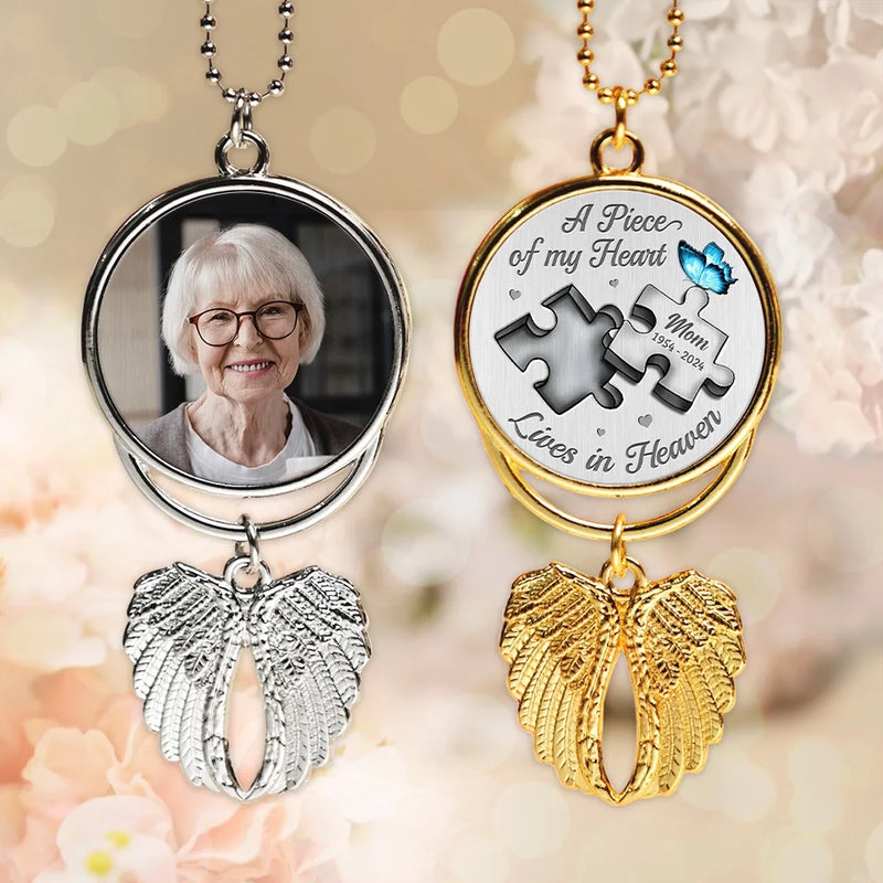 Custom Photo A Piece Of My Heart Lives In Heaven - Personalized Custom Memorial Charm Angel Wings - Sympathy Gift For Family Members