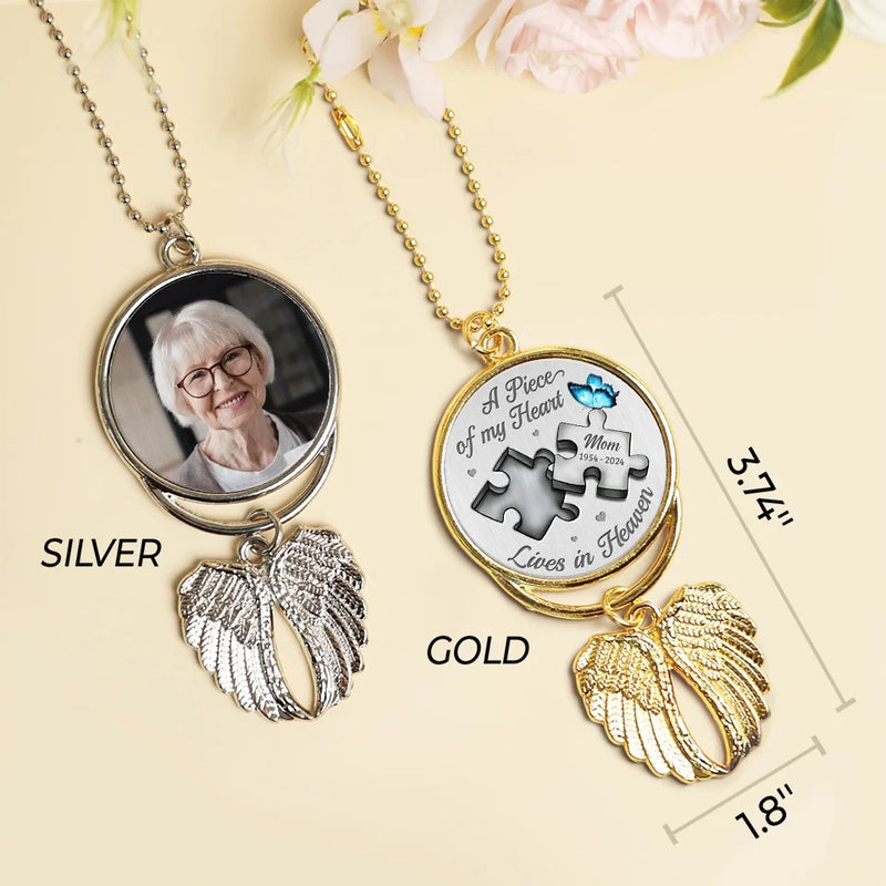 Custom Photo A Piece Of My Heart Lives In Heaven - Personalized Custom Memorial Charm Angel Wings - Sympathy Gift For Family Members