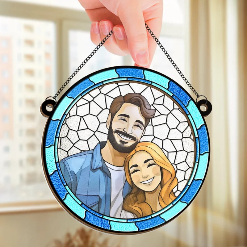 Custom Photo Two Hearts, One Journey - Couple Personalized Window Hanging Suncatcher - Gift For Husband Wife, Anniversary